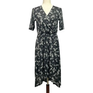 41 Hawthorne Black Floral Midi Dress Size Small V Neck Elastic Waist NWT